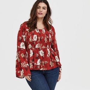 Torrid Plus Size Red Terracotta Floral Crinkled Gauze Midi Babydoll Top